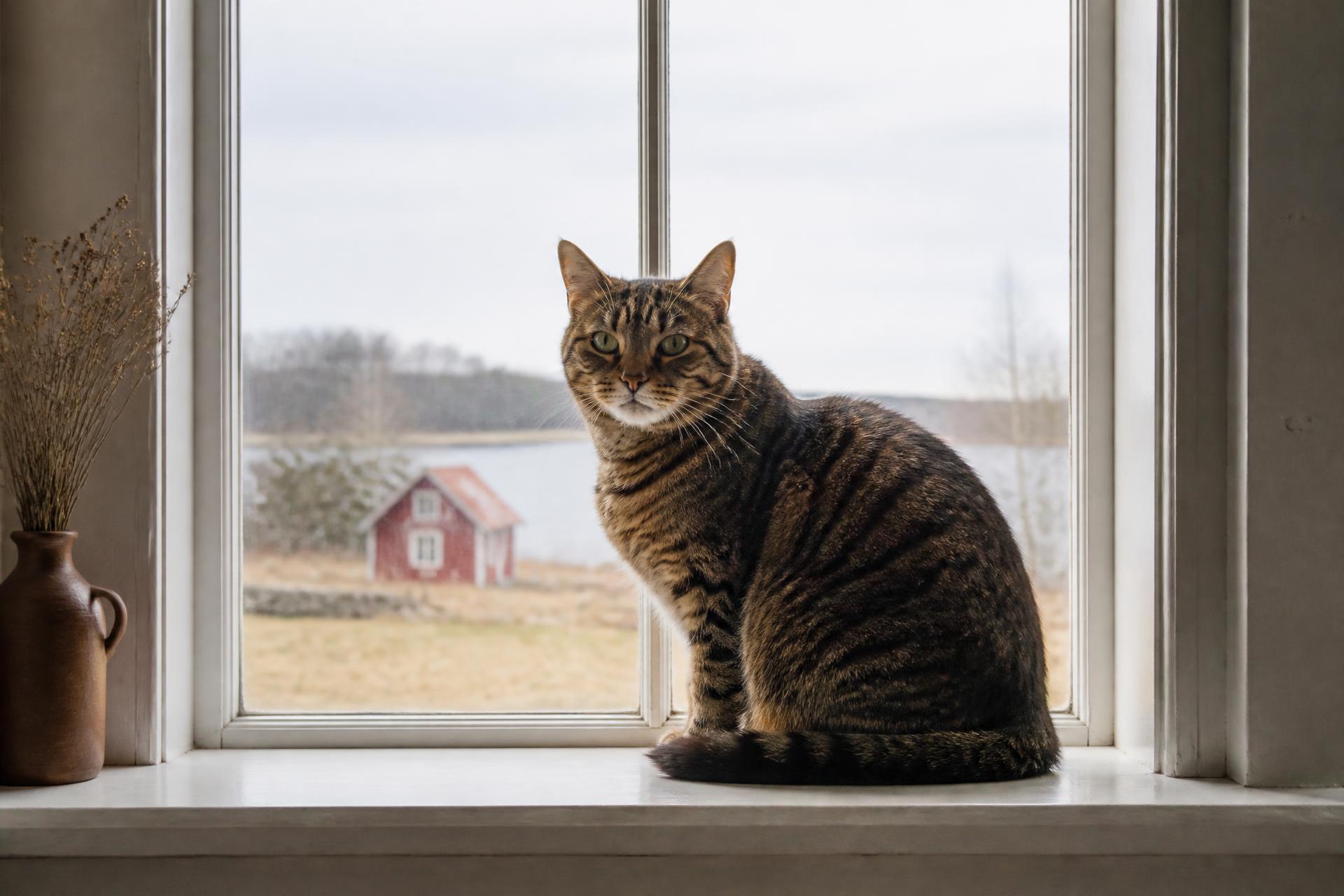 Tigrerad katt som sitter i ett fönster med en skånsk vinterträdgård utanför