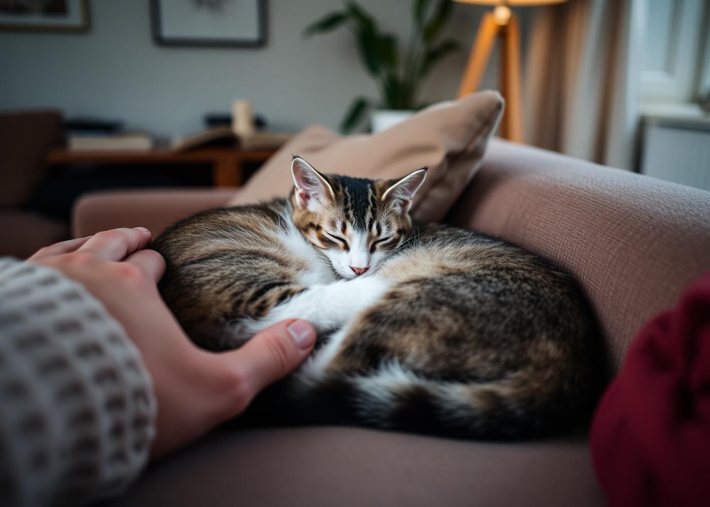 Katt som sover ihoprullad i en soffa bredvid en människas hand