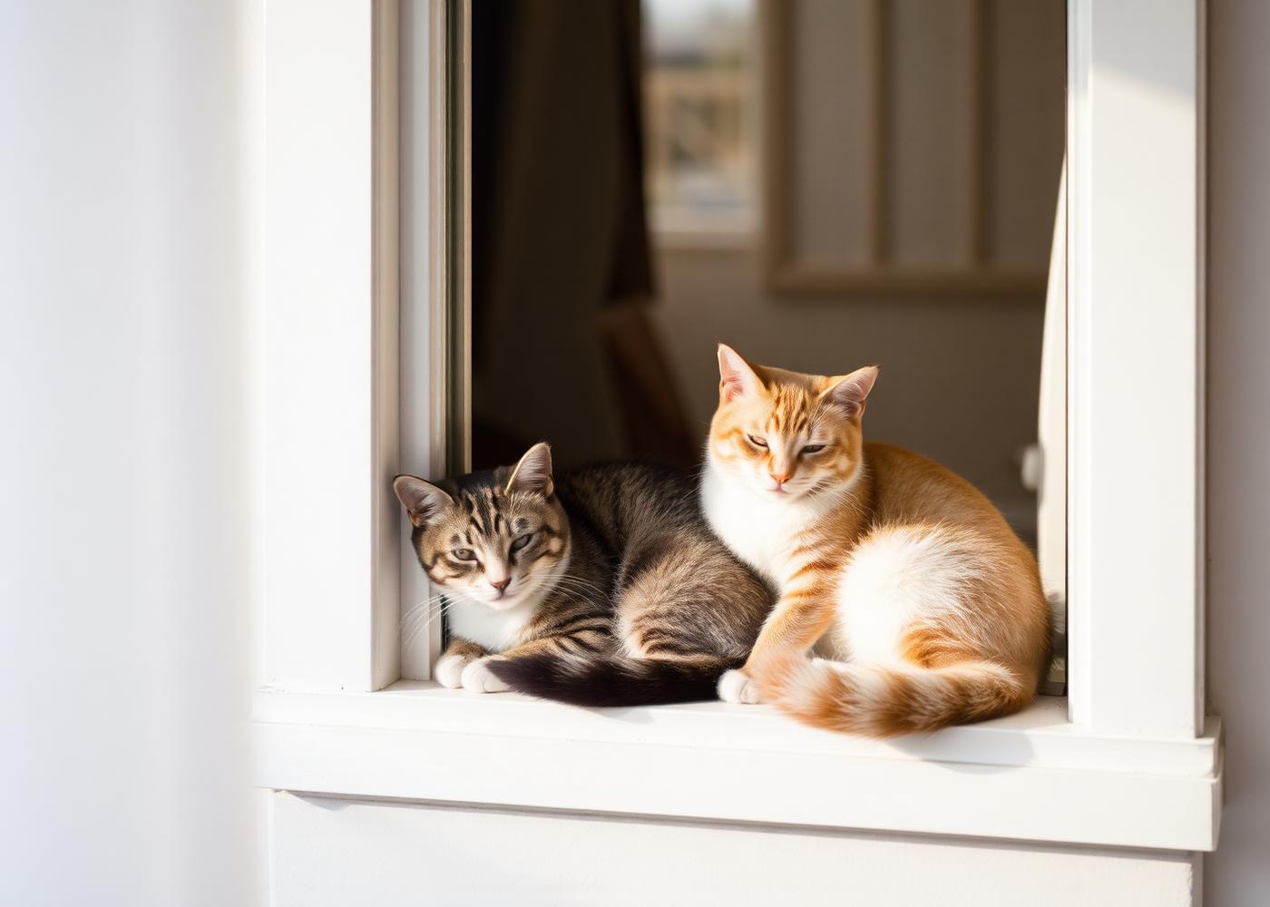 Två katter som vilar tillsammans i ett soligt fönster